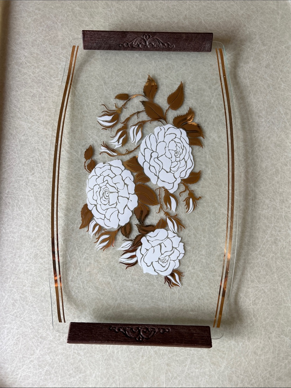 Decorative VTG Floral Glass Tray with White Roses, Gold Leaves, Wooden Handles